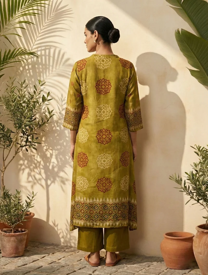 ترو برونز trueBrowns Pear Green Printed A-Line Kurta Pant Set